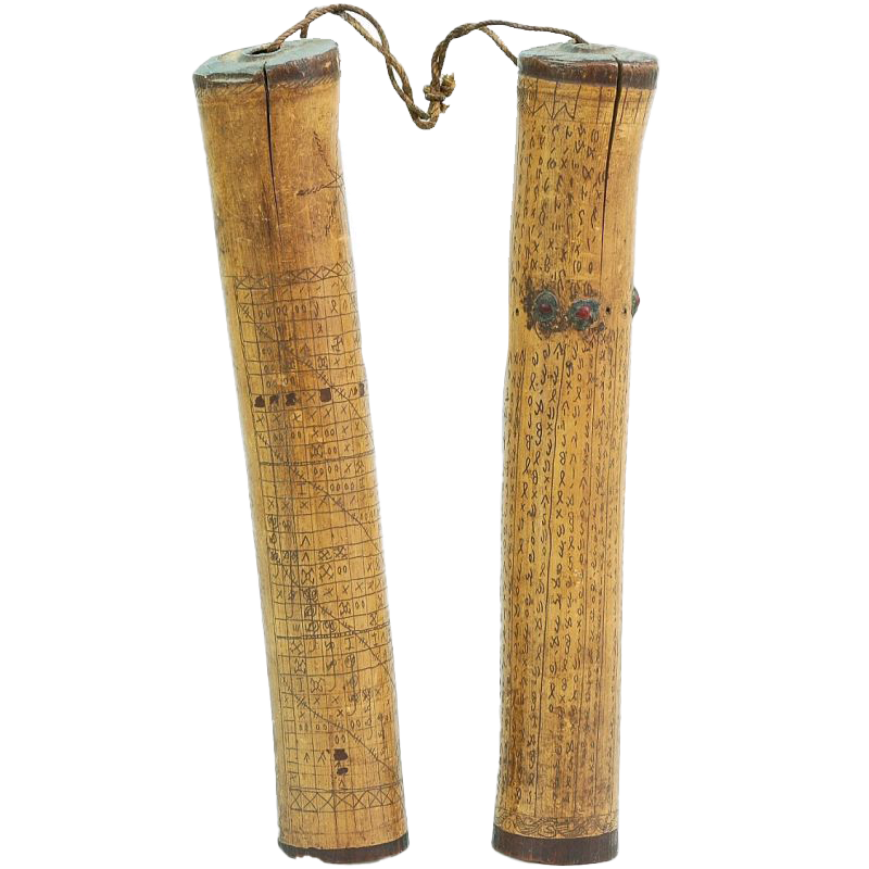 Bambu dengan kalender Batak (porhalaan) dan teks pendek, koleksi Tropenmuseum